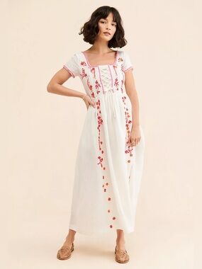 Tach ivory Rafaella Pink & Red floral Embroidery corset midi dress